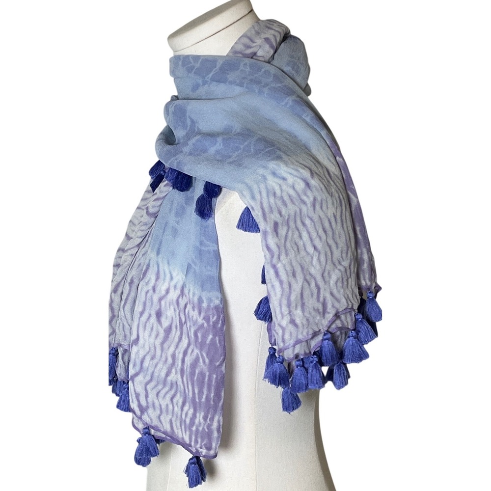 Boho Shibori Tie Dye Tassel Scarf Blue Lavender Lightweight‎ Wrap OS - Picture 3 of 9